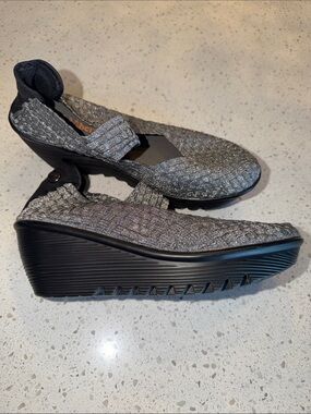 bernie mev. Metallic Gray Woven Wedge Mary Jane